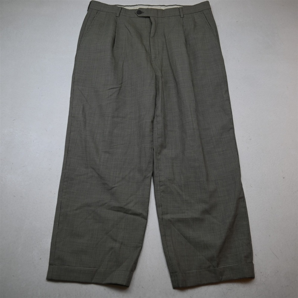 Vtg USA Hart Marx 34x26 Brown Houndstooth Wool Pleated Cuffed Baggy Dress Pants